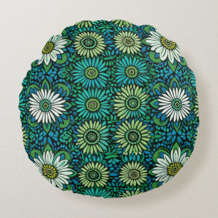 Blue, Green and White Floral Pattern Round Cushion