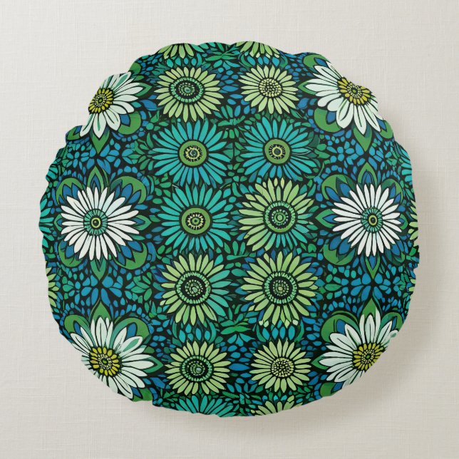 Blue, Green and White Floral Pattern Round Cushion (Front)