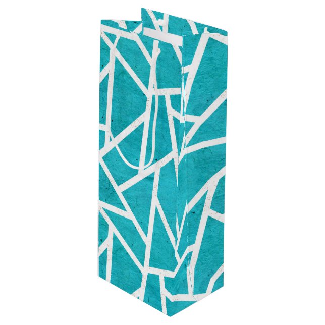 Blue-green and white mosaic pattern wine gift bag (Front Angled)