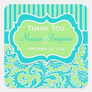 Blue, Green, and White Striped Damask Sticker