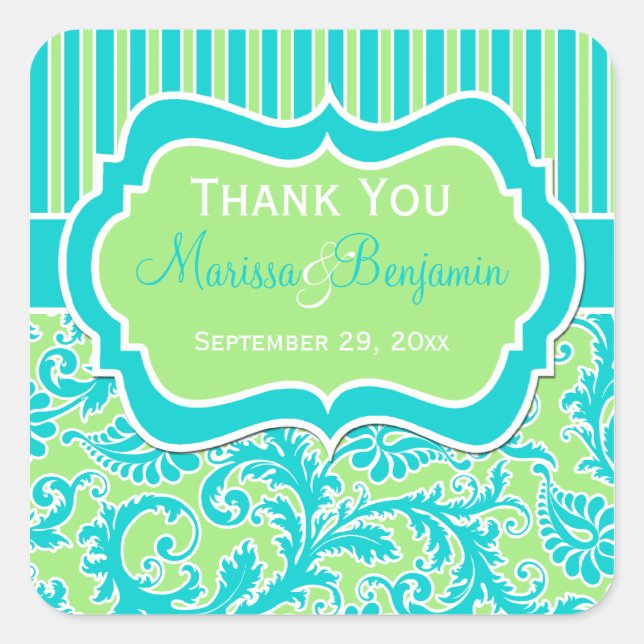 Blue, Green, and White Striped Damask Sticker (Front)