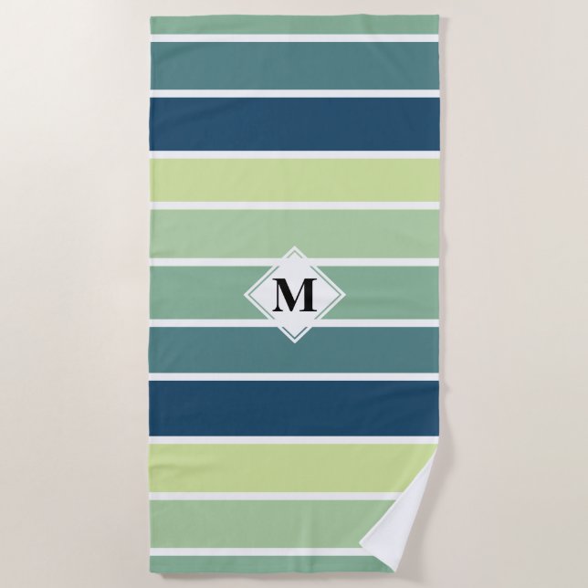 Blue, Green, and White Striped Monogram Beach Towel (Front)