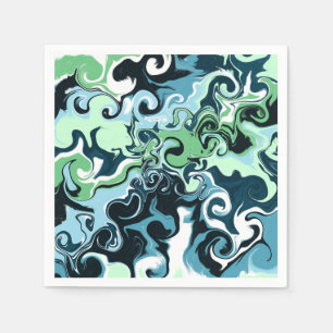 Blue, Green and White swirls Abstract Fluid Art Napkin