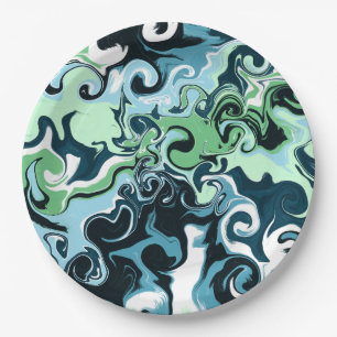 Blue, Green and White swirls Abstract Fluid Art Paper Plate