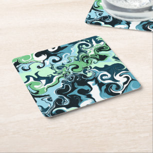 Blue, Green and White swirls Abstract Fluid Art    Square Paper Coaster