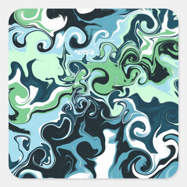 Blue, Green and White swirls Abstract Fluid Art    Square Sticker (Front)
