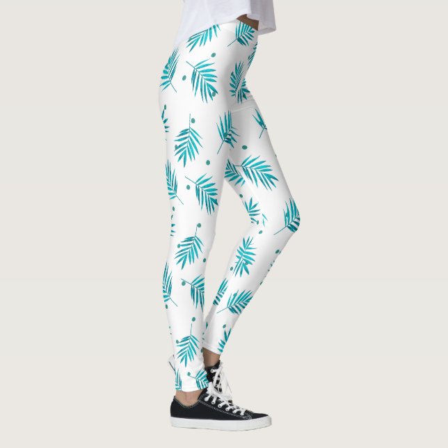 Blue-green and white tropical palm leaves pattern leggings (Right)