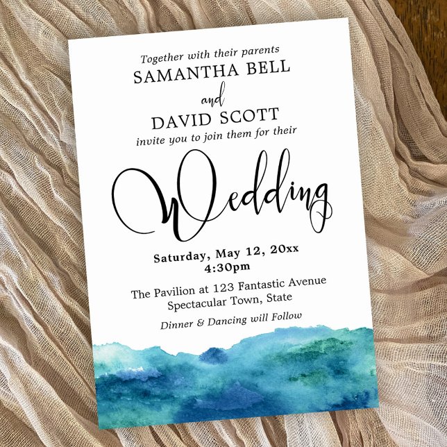 Blue Green Aqua Watercolor Modern Wedding 3b Invitation (Creator Uploaded)