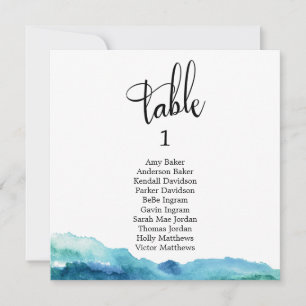 Blue Green Aqua Watercolor Table Number Card