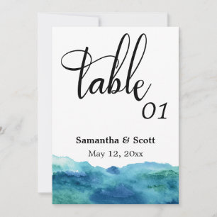 Blue Green Aqua Watercolor Table Number Card