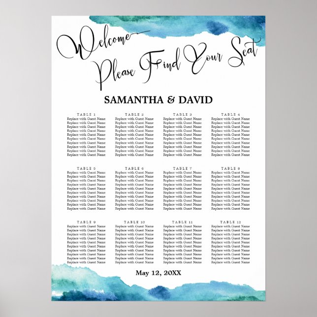 Blue Green Aqua Watercolor Wedding Seating Chart (Front)