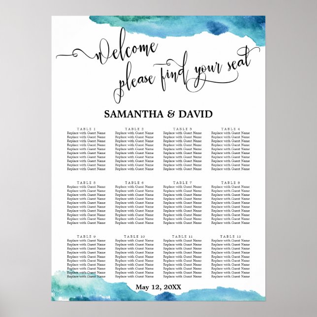 Blue Green Aqua Watercolor Wedding Seating Chart (Front)