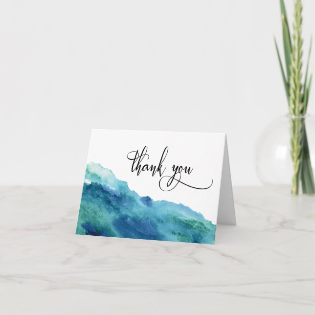 Blue Green Aqua Watercolor Wedding Thank You 2 Card (Front)