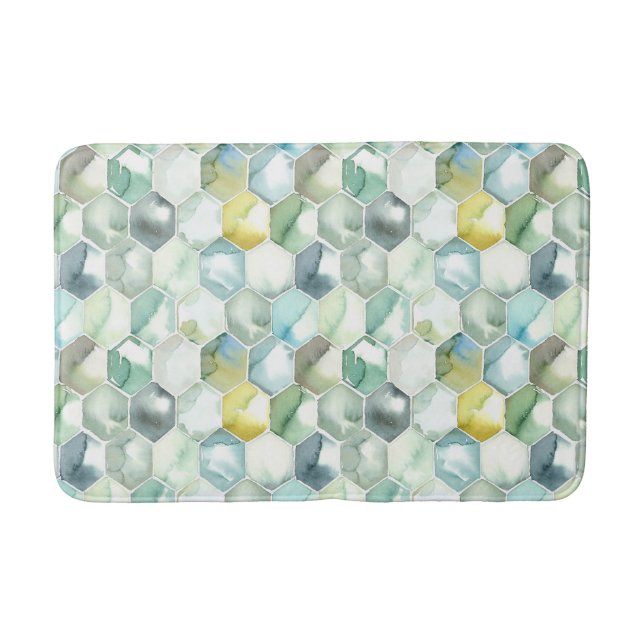 Blue & Green Aquarelle Honycomb Pattern Bath Mat (Front)