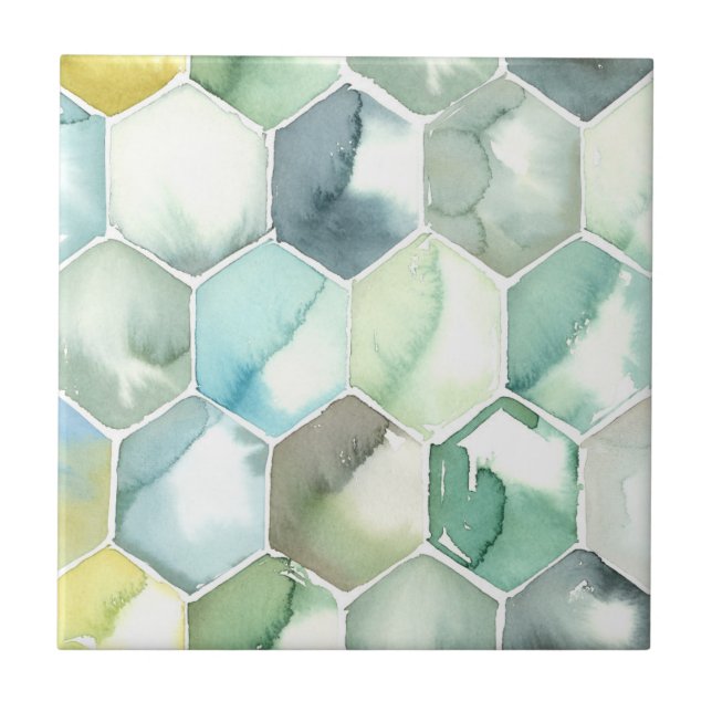 Blue & Green Aquarelle Honycomb Pattern Ceramic Tile (Front)