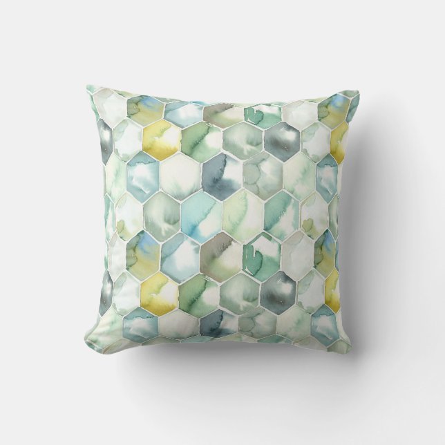 Blue & Green Aquarelle Honycomb Pattern Cushion (Front)
