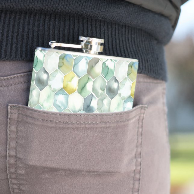 Blue & Green Aquarelle Honycomb Pattern Hip Flask (In Situ)