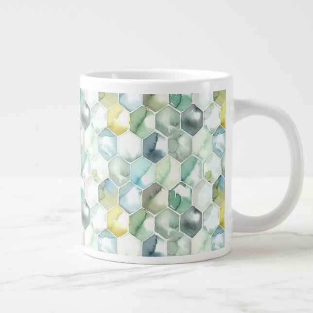Blue & Green Aquarelle Honycomb Pattern Large Coffee Mug (Right)