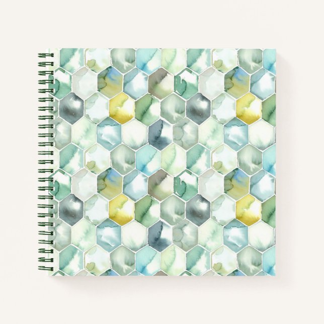 Blue & Green Aquarelle Honycomb Pattern Notebook (Front)