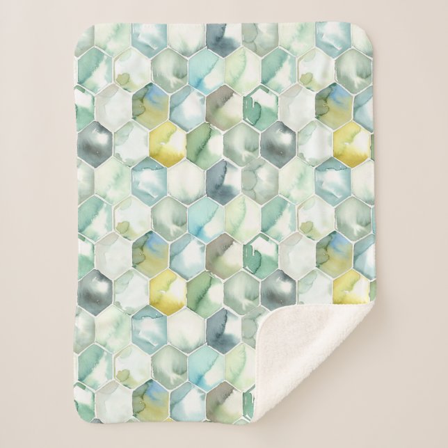 Blue & Green Aquarelle Honycomb Pattern Sherpa Blanket (Front)