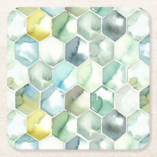 Blue & Green Aquarelle Honycomb Pattern Square Paper Coaster