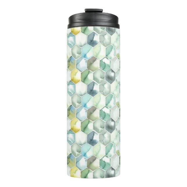 Blue & Green Aquarelle Honycomb Pattern Thermal Tumbler (Front)