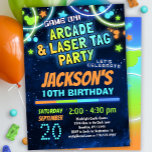 Blue Green Arcade & Laser Tag Birthday Party Invitation<br><div class="desc">Blue,  green and orange arcade games and laser tag birthday party invitation for boys and girls.</div>