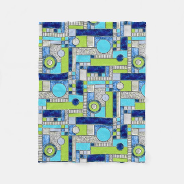 Blue Green Art Deco Stained Glass Fleece Blanket (Front)