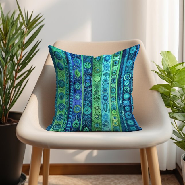 Blue Green Artistic Boho Striped Cushion (Blue Green Artistic Boho Striped Throw Pillow)