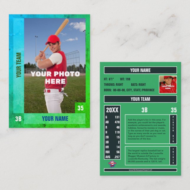 Blue/Green Baseball Trading Card - Custom Stats (Front/Back)