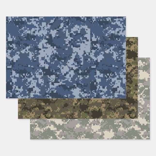 Blue, Green & Beige Pixel Camo Camouflage Wrapping Paper Sheet (Set)