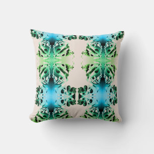 Blue Green Beige Symmetrical Floral Abstract Art Cushion