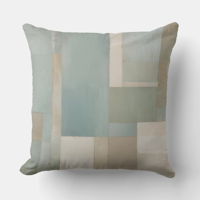 Blue Green Beige Tan Colour Block Print Cushion (Front)