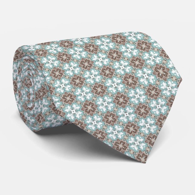 Blue-Green, Beige & Taupe Pattern Tie (Rolled)