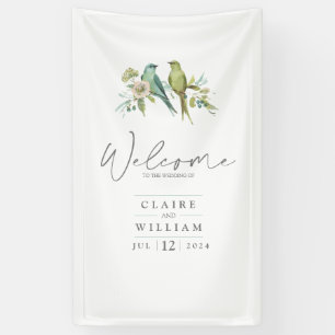 Blue Green Birds Botanical Watercolor Wedding Banner