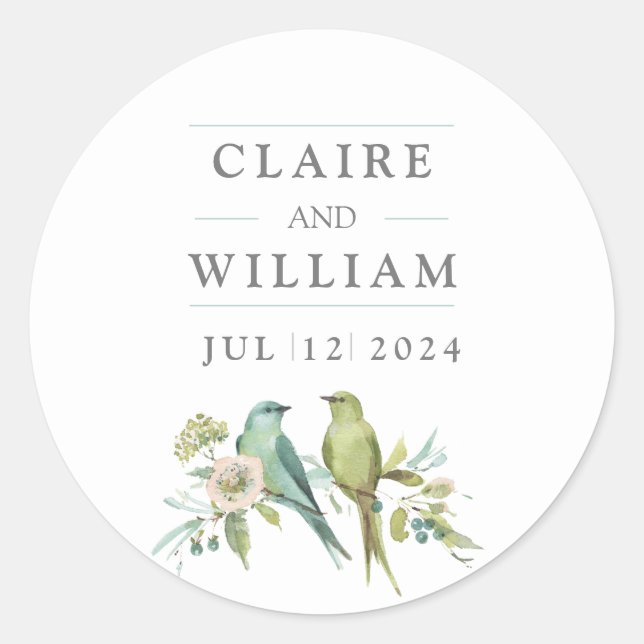 Blue Green Birds Botanical Watercolor Wedding Classic Round Sticker (Front)