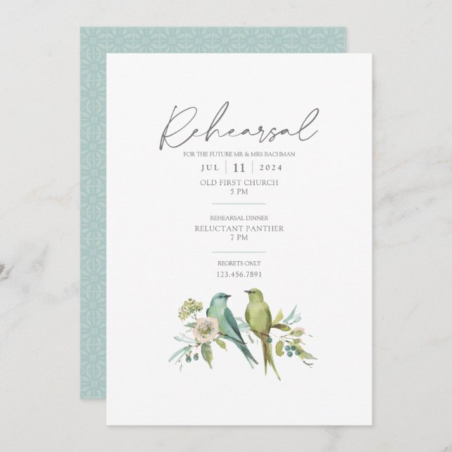 Blue Green Birds Botanical Watercolor Wedding Invitation (Front/Back)