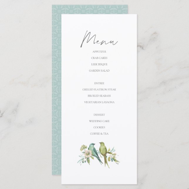 Blue Green Birds Botanical Watercolor Wedding Menu (Front/Back)