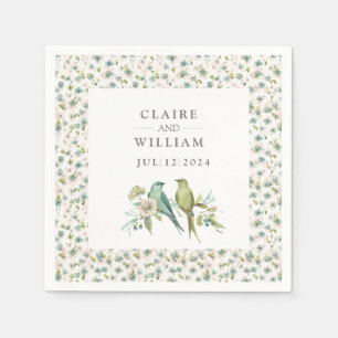 Blue Green Birds Botanical Watercolor Wedding Napkin
