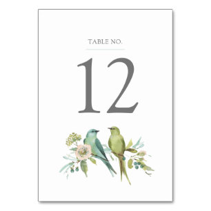 Blue Green Birds Botanical Watercolor Wedding Table Number