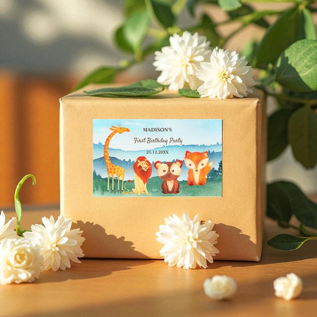 Blue Green Birthday Woodland Animals Rectangular Sticker (Creator Uploaded)