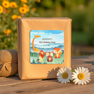 Blue Green Birthday Woodland Animals  Square Sticker