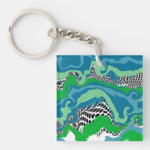 Blue, Green, Black and White Abstract Fluid Art    Key Ring