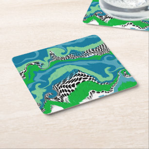 Blue, Green, Black and White Abstract Fluid Art Square Paper Coaster