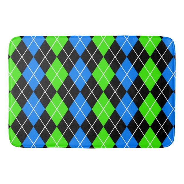 Blue Green Black Argyle Diamond Design  Bath Mat (Front)
