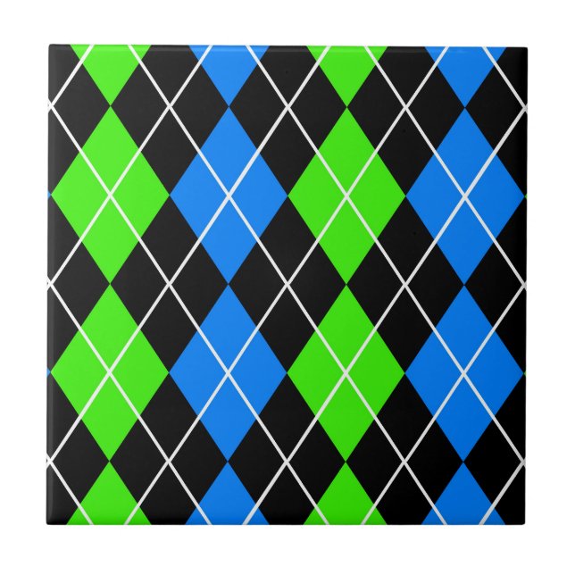 Blue Green Black Argyle Diamond Design  Ceramic Tile (Front)