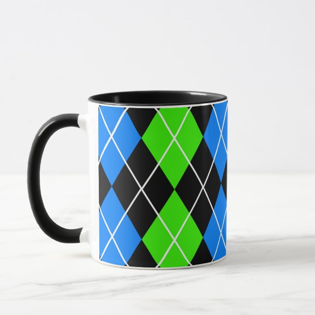 Blue Green Black Argyle Diamond Design  Mug (Left)