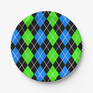 Blue Green Black Argyle Diamond Design Paper Plate