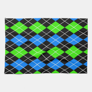 Blue Green Black Argyle Diamond Design Tea Towel