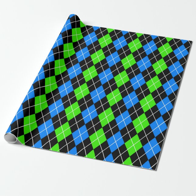 Blue Green Black Argyle Diamond Design  Wrapping Paper (Unrolled)